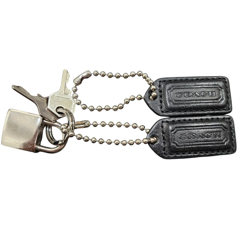 COACH set 2 leather tags Lock 2 keys black silver Vintage VGUC hang keychain